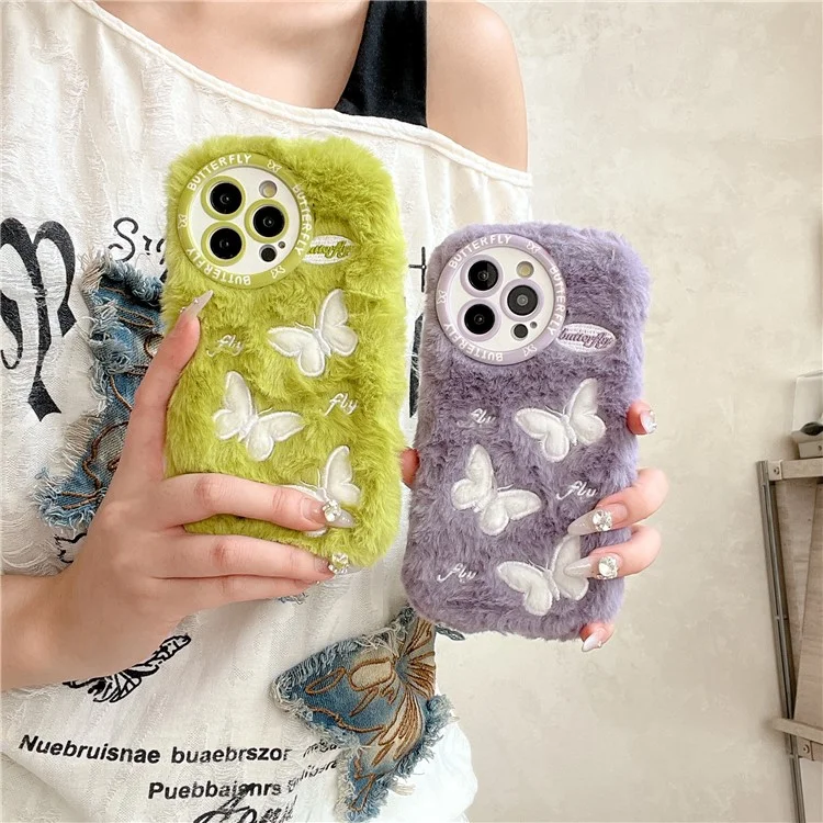 Para Iphone 16 Pro Case Butterfly Design Cover Warm Plush TPU Telephip Cover - Verde