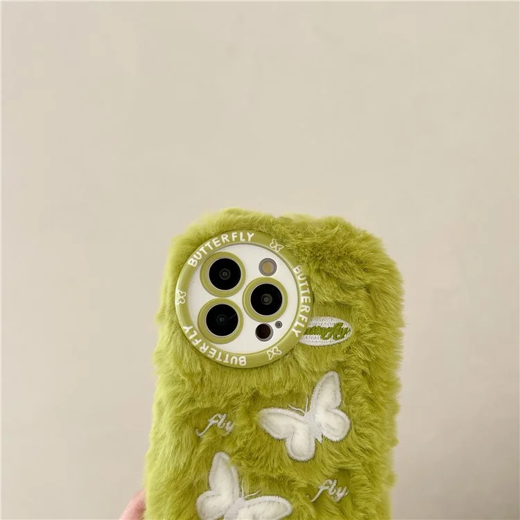 Para Iphone 16 Pro Case Butterfly Design Cover Warm Plush TPU Telephip Cover - Verde