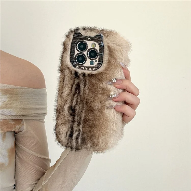 For iPhone 16 Pro Case Mink Fur Texture TPU Fuzzy Winter Protective Cover - Brown