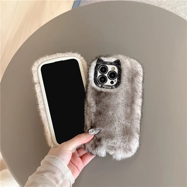 For iPhone 16 Pro Case Mink Fur Texture TPU Fuzzy Winter Protective Cover - Brown