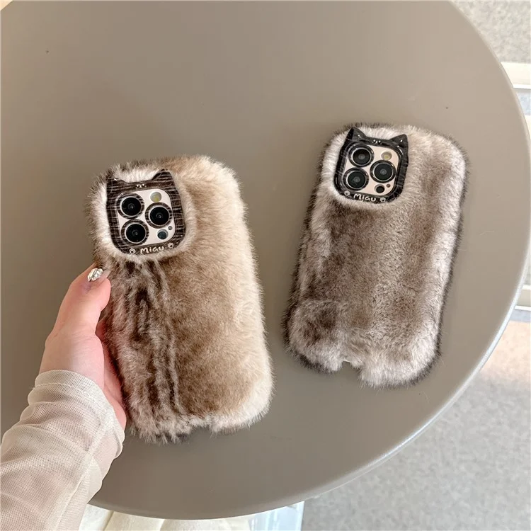 For iPhone 16 Pro Case Mink Fur Texture TPU Fuzzy Winter Protective Cover - Brown