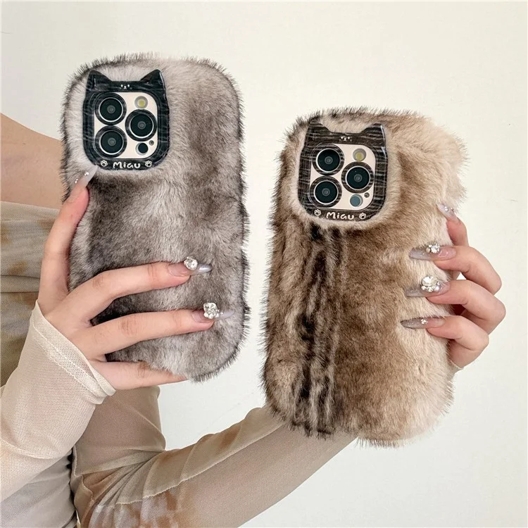 For iPhone 16 Pro Case Mink Fur Texture TPU Fuzzy Winter Protective Cover - Brown