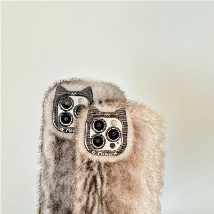 For iPhone 16 Pro Case Mink Fur Texture TPU Fuzzy Winter Protective Cover - Brown