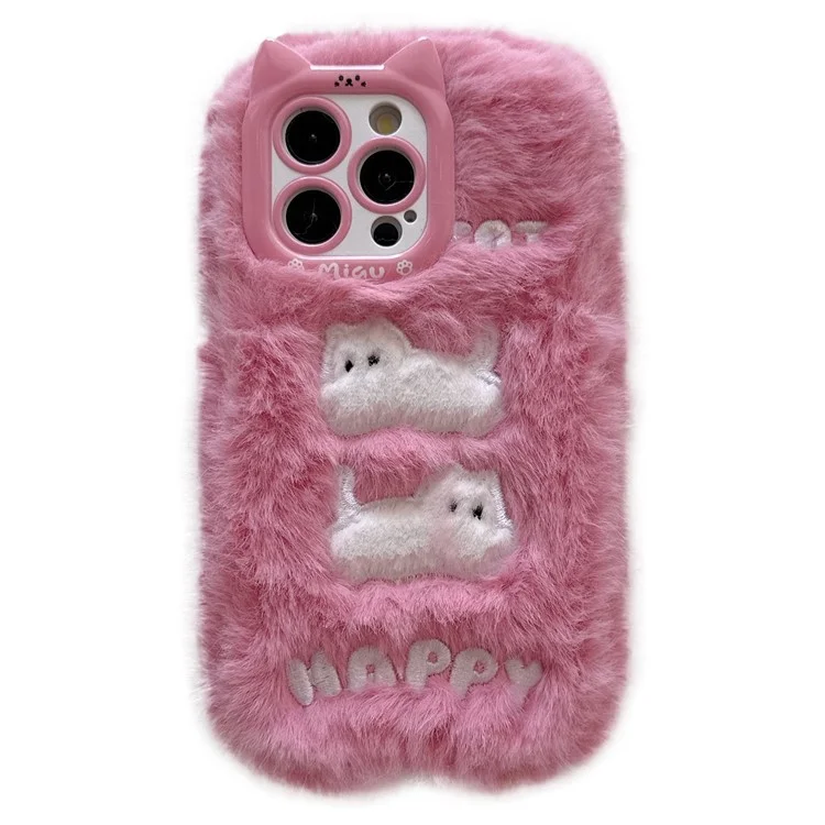 For iPhone 16 Pro Case Embroidered White Cats Fuzzy Winter TPU Phone Cover - Pink