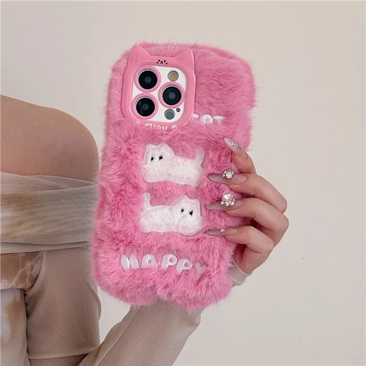 For iPhone 16 Pro Case Embroidered White Cats Fuzzy Winter TPU Phone Cover - Pink