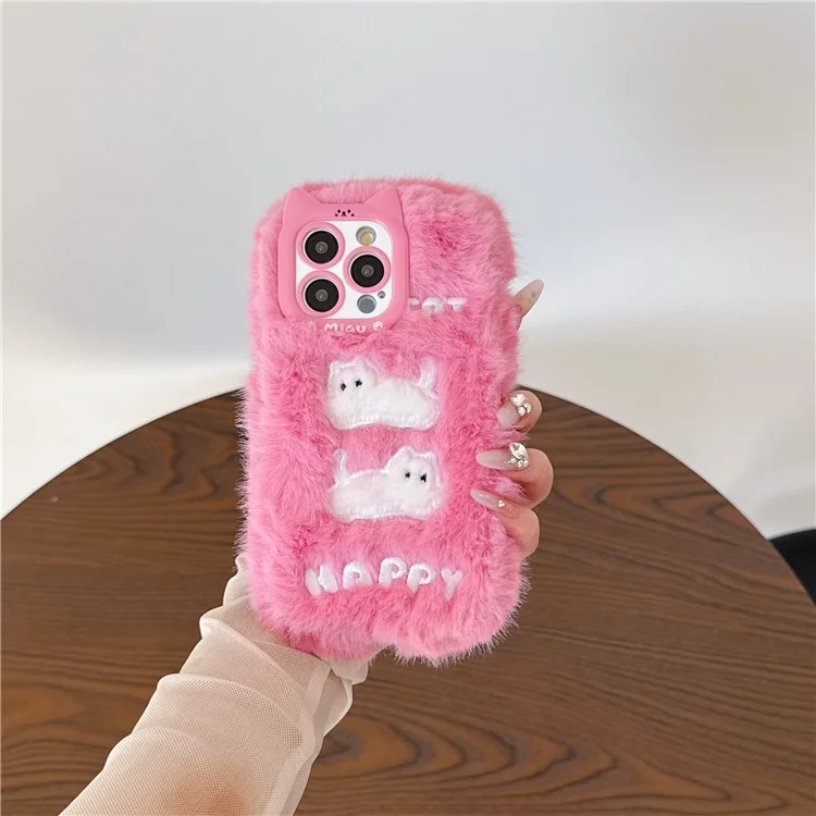 For iPhone 16 Pro Case Embroidered White Cats Fuzzy Winter TPU Phone Cover - Pink