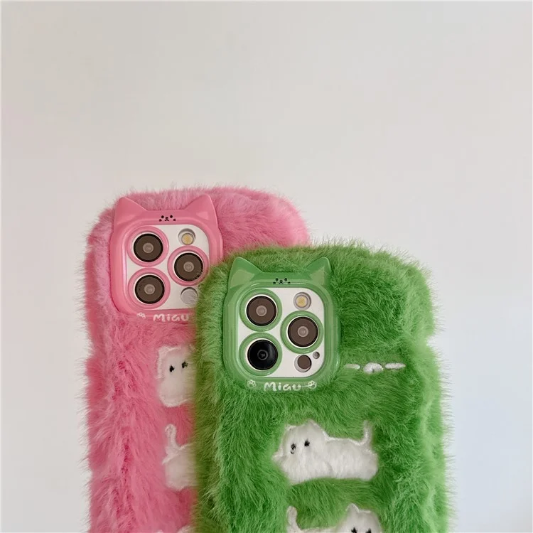 For iPhone 16 Pro Case Embroidered White Cats Fuzzy Winter TPU Phone Cover - Pink