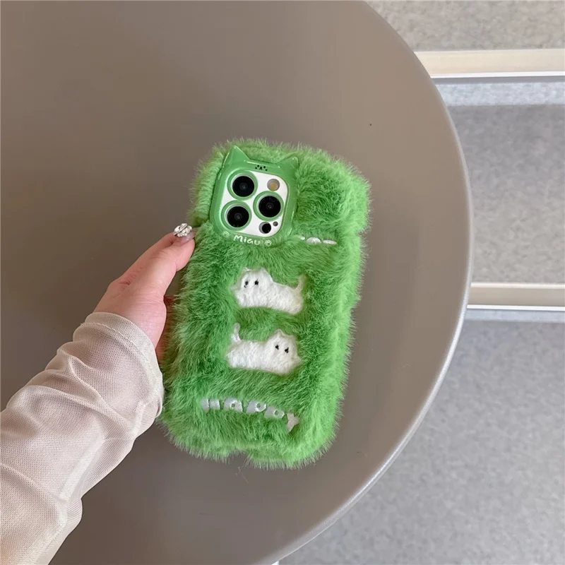 For iPhone 16 Pro Max Case Embroidered White Cats Fuzzy Winter TPU Phone Cover - Green