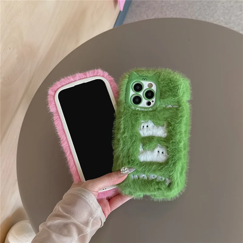 For iPhone 16 Pro Max Case Embroidered White Cats Fuzzy Winter TPU Phone Cover - Green