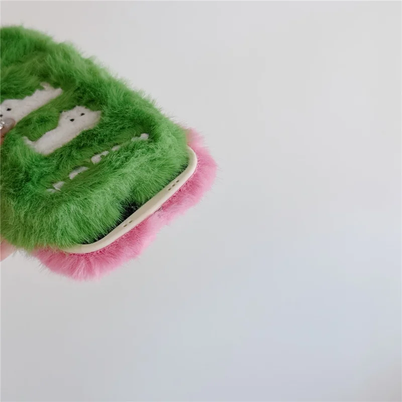 For iPhone 16 Pro Max Case Embroidered White Cats Fuzzy Winter TPU Phone Cover - Green