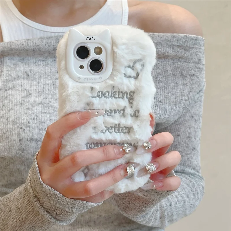 For iPhone 15 Case Cat Ear Fuzzy Furry Winter TPU Embroidered Phone Cover - White