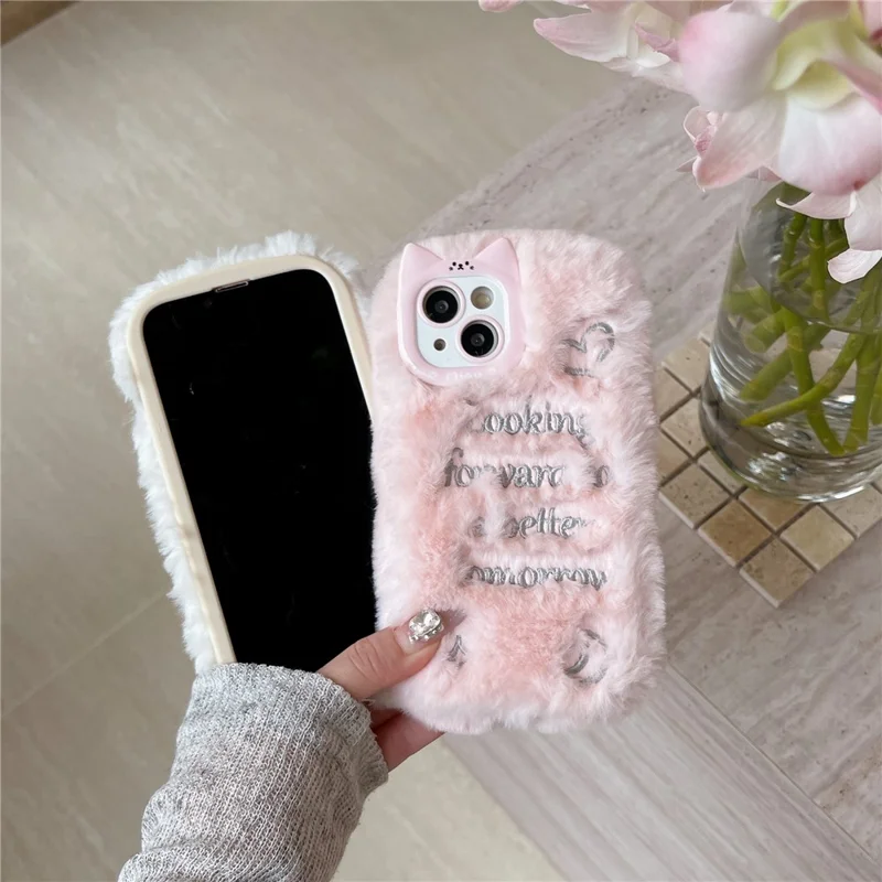 For iPhone 15 Case Cat Ear Fuzzy Furry Winter TPU Embroidered Phone Cover - White