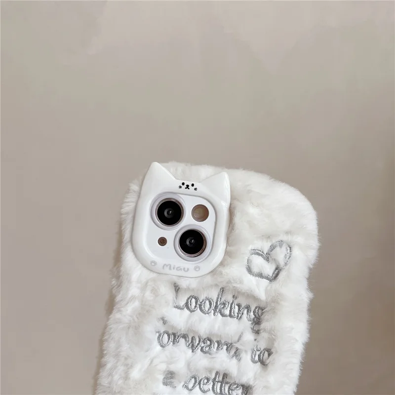 For iPhone 15 Case Cat Ear Fuzzy Furry Winter TPU Embroidered Phone Cover - White