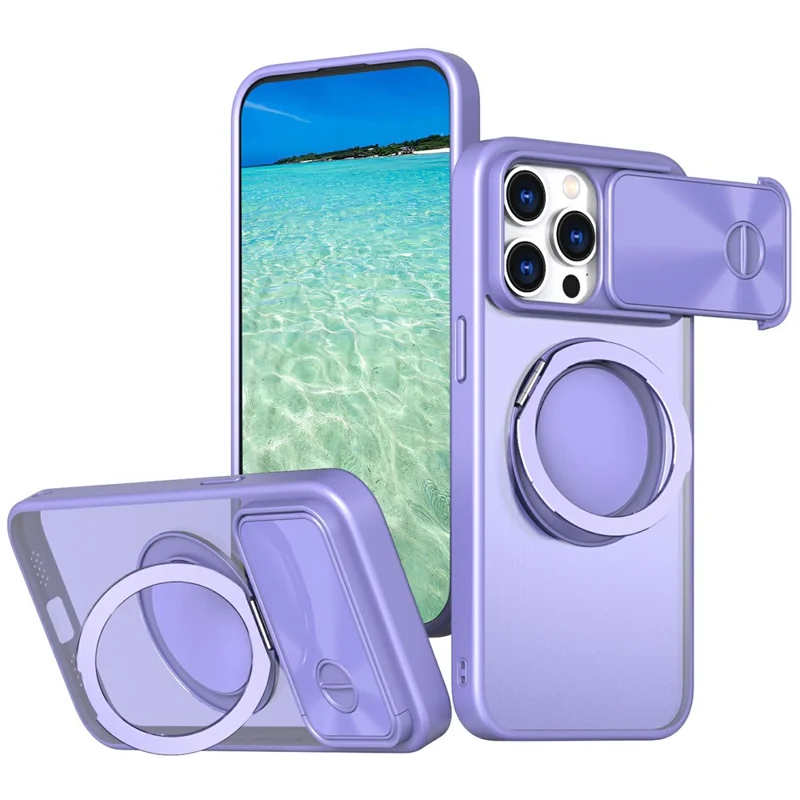 For iPhone 15 Pro Case Rotatable Magnetic Kickstand TPU+PC Phone Cover with Slide Lens Protection - Light Purple