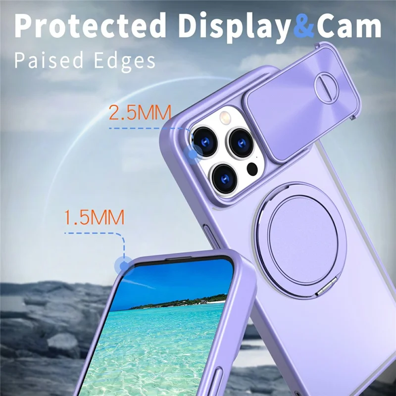 For iPhone 15 Pro Case Rotatable Magnetic Kickstand TPU+PC Phone Cover with Slide Lens Protection - Light Purple