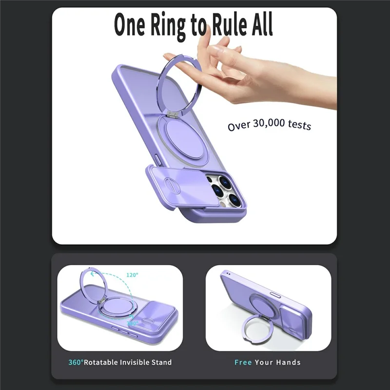 For iPhone 15 Pro Case Rotatable Magnetic Kickstand TPU+PC Phone Cover with Slide Lens Protection - Light Purple