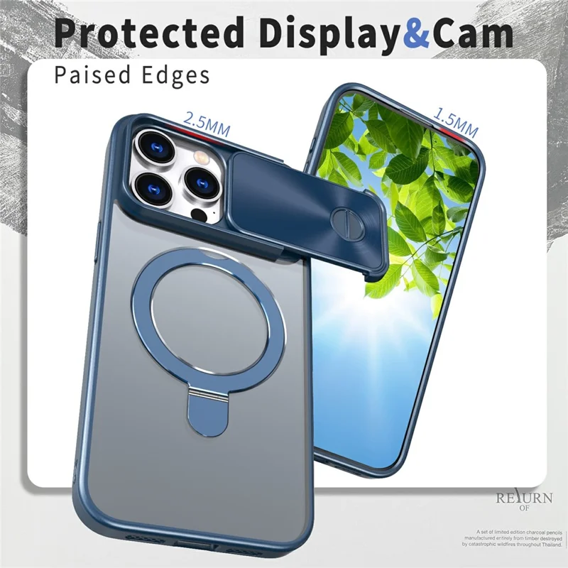 For iPhone 15 Pro Max Case with Slide Lens Protection Magnetic Kickstand TPU+PC Phone Cover - Navy Blue