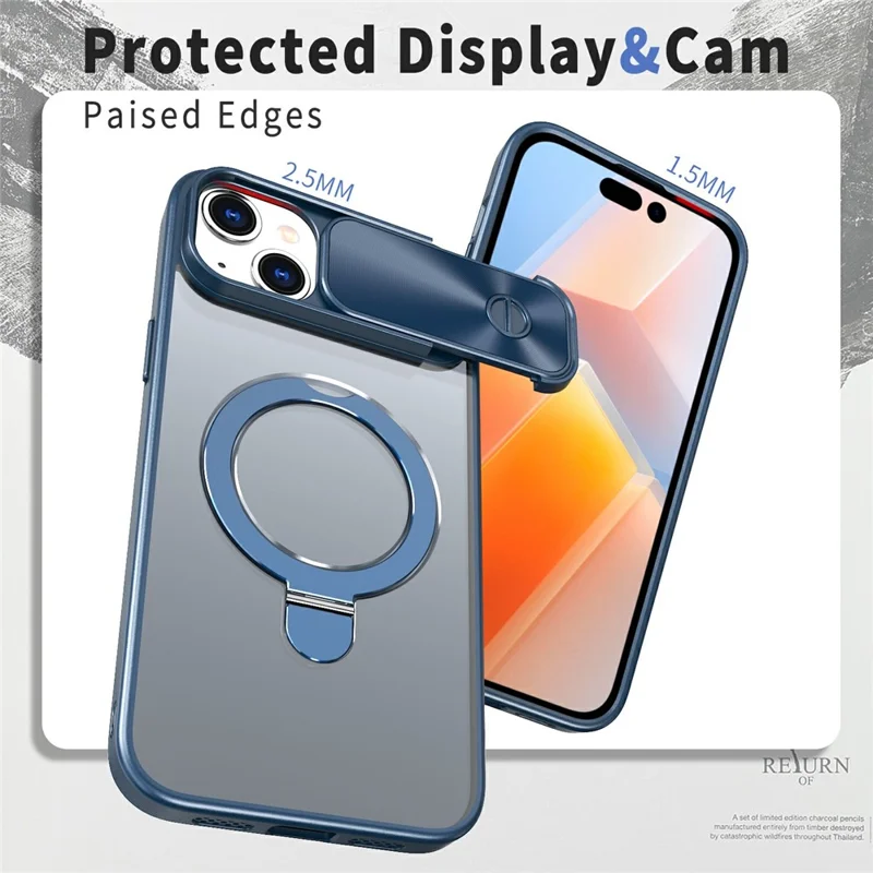 For iPhone 15 Case with Slide Lens Protection Magnetic Kickstand TPU+PC Phone Cover - Navy Blue