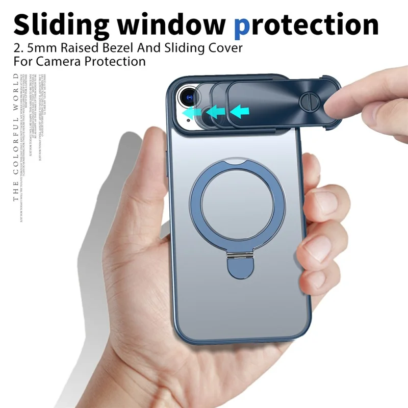 For iPhone 15 Case with Slide Lens Protection Magnetic Kickstand TPU+PC Phone Cover - Navy Blue