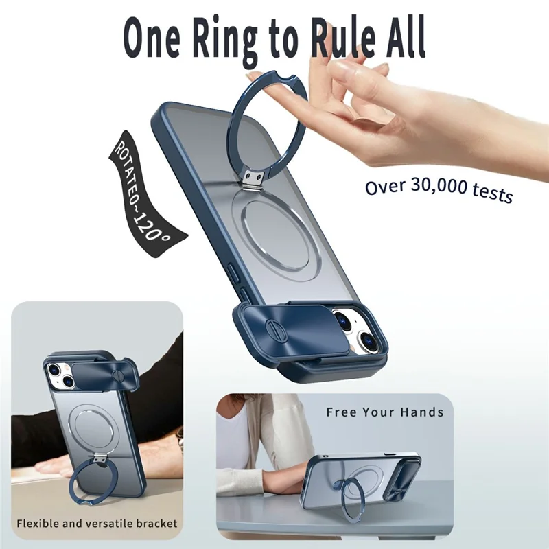 For iPhone 15 Case with Slide Lens Protection Magnetic Kickstand TPU+PC Phone Cover - Navy Blue