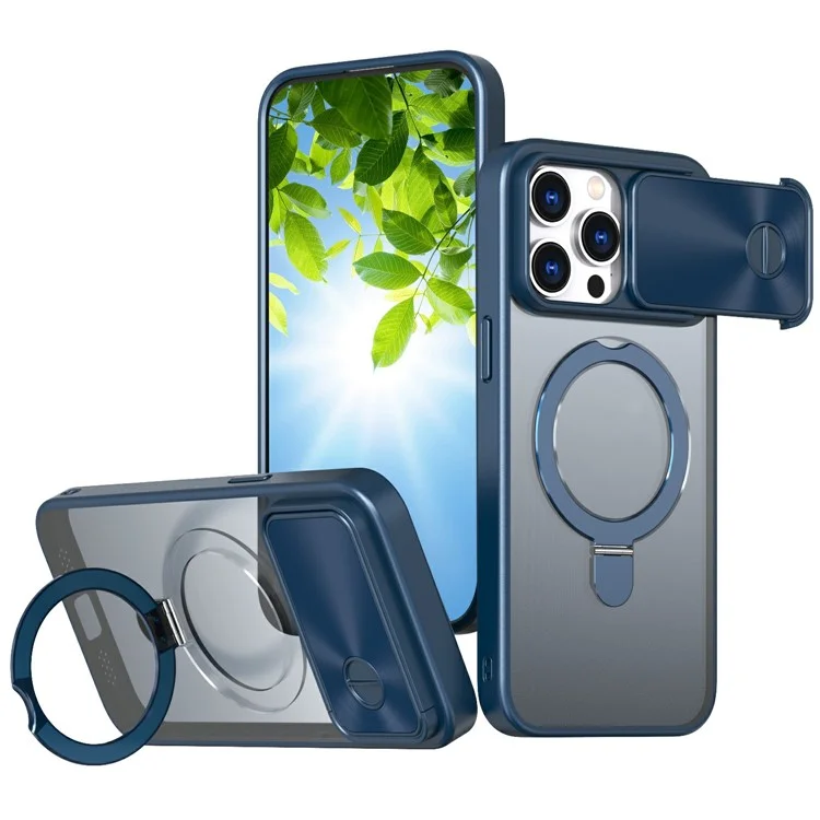 For iPhone 16 Pro Max Case with Slide Lens Protection Magnetic Kickstand TPU+PC Phone Cover - Navy Blue