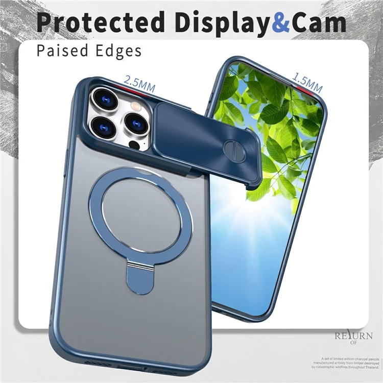 For iPhone 16 Pro Max Case with Slide Lens Protection Magnetic Kickstand TPU+PC Phone Cover - Navy Blue