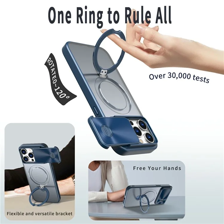 For iPhone 16 Pro Max Case with Slide Lens Protection Magnetic Kickstand TPU+PC Phone Cover - Navy Blue