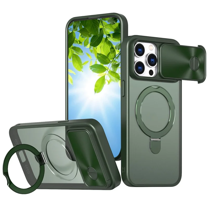 For iPhone 16 Pro Max Case with Slide Lens Protection Magnetic Kickstand TPU+PC Phone Cover - Blackish Green