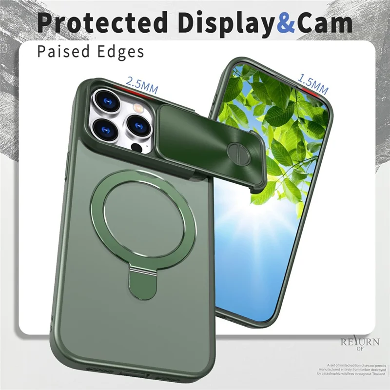 For iPhone 16 Pro Max Case with Slide Lens Protection Magnetic Kickstand TPU+PC Phone Cover - Blackish Green