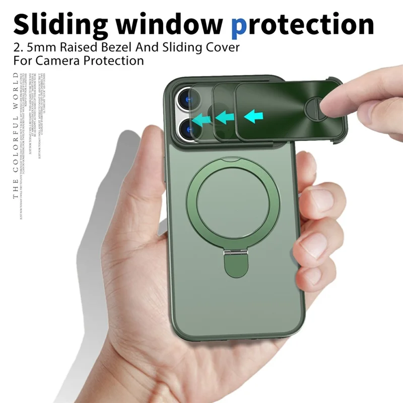 For iPhone 16 Pro Max Case with Slide Lens Protection Magnetic Kickstand TPU+PC Phone Cover - Blackish Green