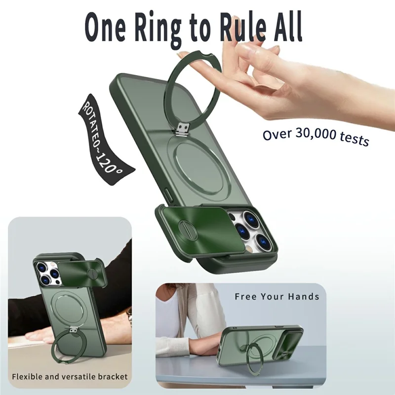 For iPhone 16 Pro Max Case with Slide Lens Protection Magnetic Kickstand TPU+PC Phone Cover - Blackish Green