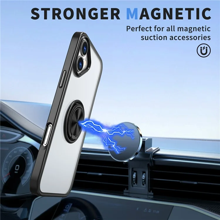 For iPhone 16 Plus Case TPU+PC Magnetic Car Mount Phone Cover with Kickstand - Black