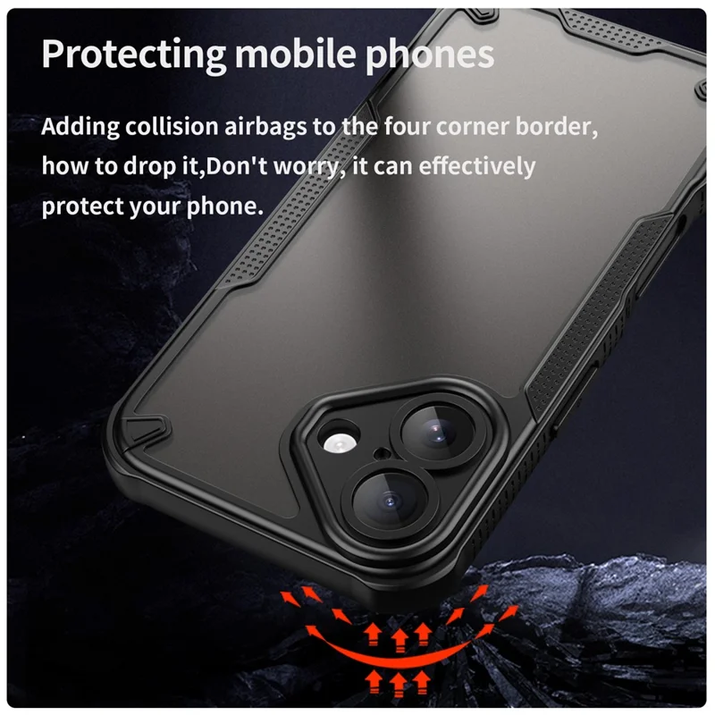 Armor Series For iPhone 16 Case PC+TPU Semi-Transparent Frosted Finish Protective Phone Cover - Black