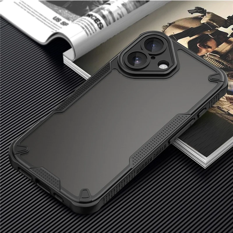 Armor Series For iPhone 16 Case PC+TPU Semi-Transparent Frosted Finish Protective Phone Cover - Black