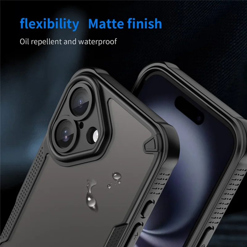 Armor Series For iPhone 16 Case PC+TPU Semi-Transparent Frosted Finish Protective Phone Cover - Black