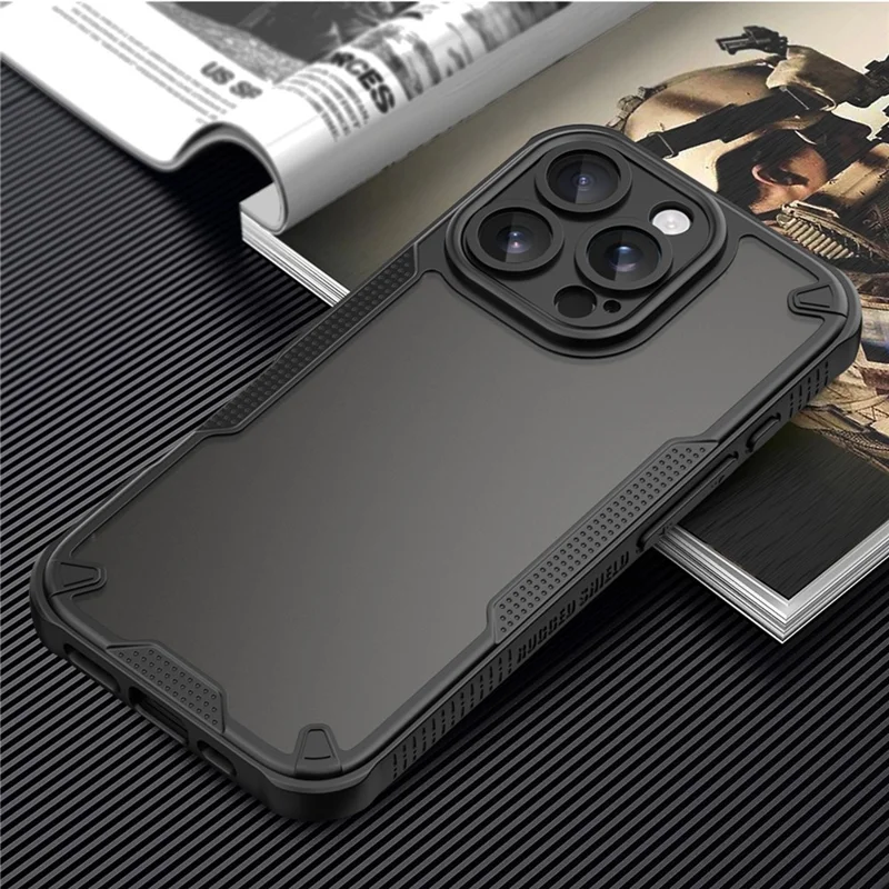 Armor Series For iPhone 16 Pro Case PC+TPU Semi-Transparent Frosted Finish Protective Phone Cover - Black
