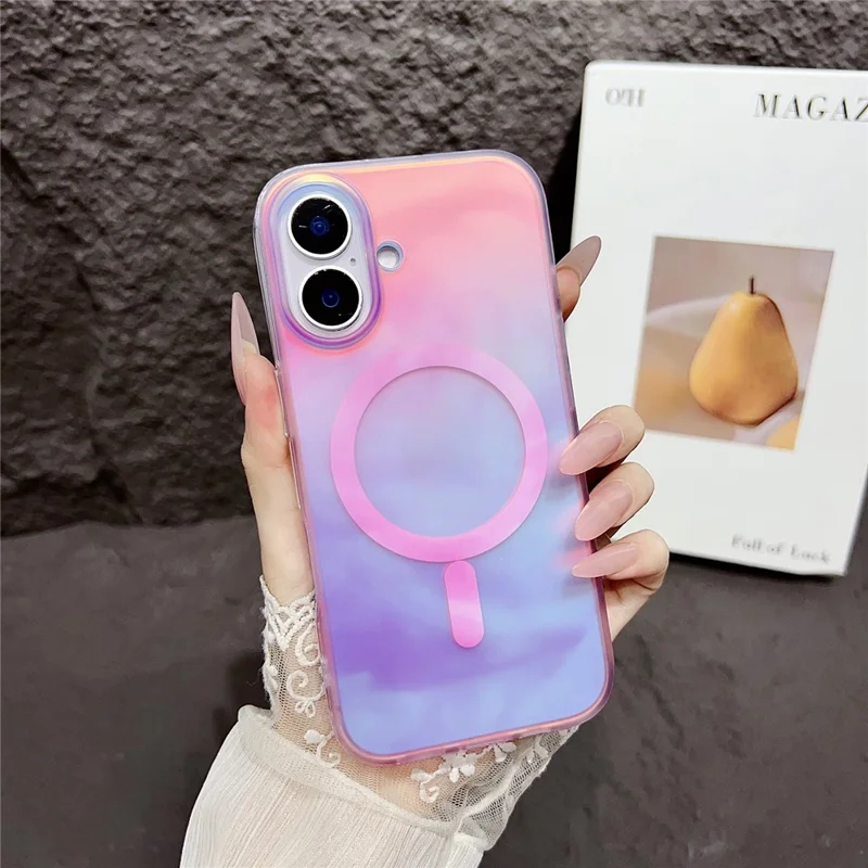 For iPhone 16 Plus Case Compatible with MagSafe Ink Painting IMD PC+TPU Phone Cover - Pink