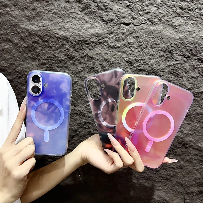 For iPhone 16 Plus Case Compatible with MagSafe Ink Painting IMD PC+TPU Phone Cover - Pink