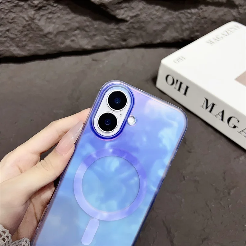 For iPhone 16 Plus Case Compatible with MagSafe Ink Painting IMD PC+TPU Phone Cover - Pink