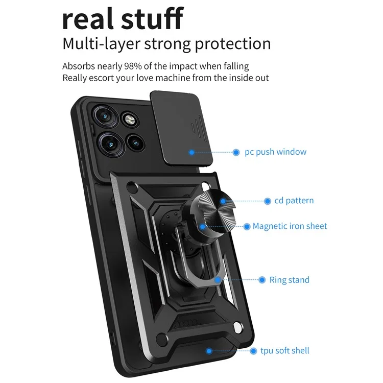 Pour Motorola Edge 50 Neo 5G / Moto S50 5G / Thinkphone 25 5G Coque avec couvercle de caméra coulissant PC+TPU Support de téléphone - Noir