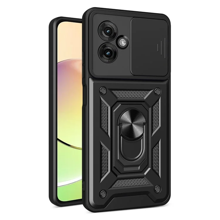 Para Motorola Moto G55 5G Case com Slide Camera Lid PC+TPU Kickstand Phone Cover - Preto