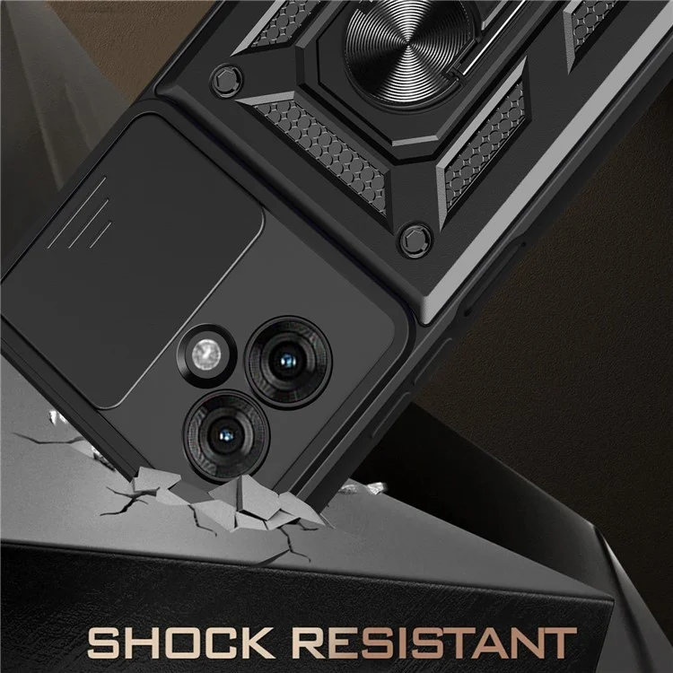 Para Motorola Moto G55 5G Case com Slide Camera Lid PC+TPU Kickstand Phone Cover - Preto