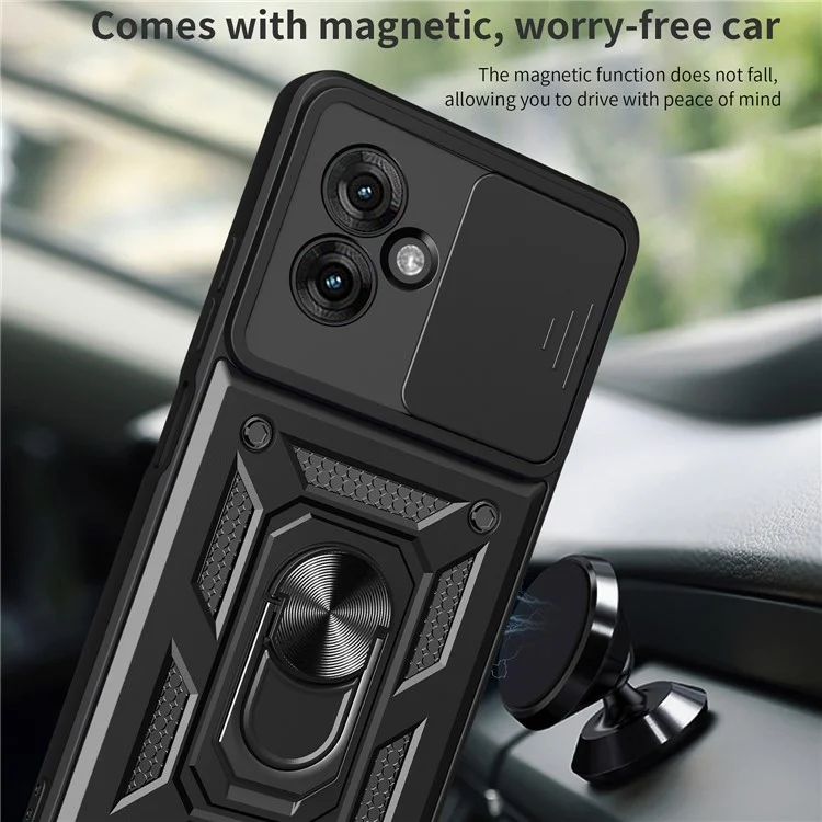 Para Motorola Moto G55 5G Case com Slide Camera Lid PC+TPU Kickstand Phone Cover - Preto
