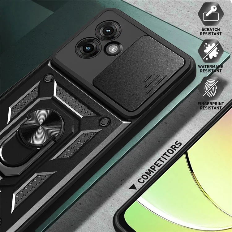 Para Motorola Moto G55 5G Case com Slide Camera Lid PC+TPU Kickstand Phone Cover - Preto