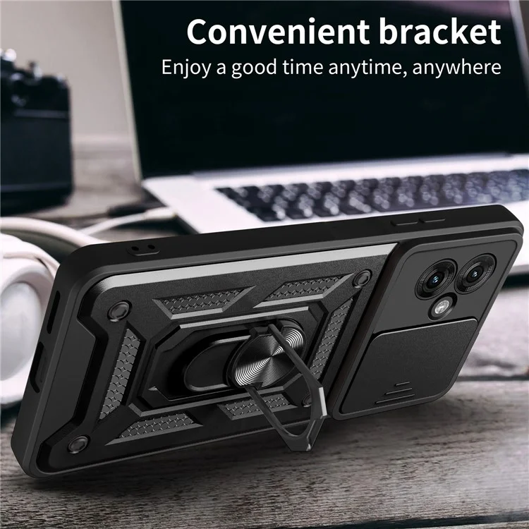 Para Motorola Moto G55 5G Case com Slide Camera Lid PC+TPU Kickstand Phone Cover - Preto