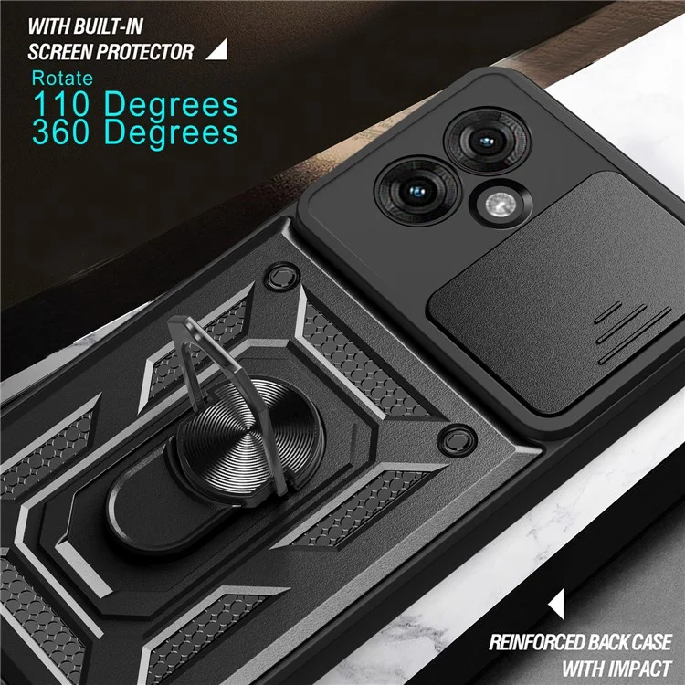 Para Motorola Moto G55 5G Case com Slide Camera Lid PC+TPU Kickstand Phone Cover - Preto