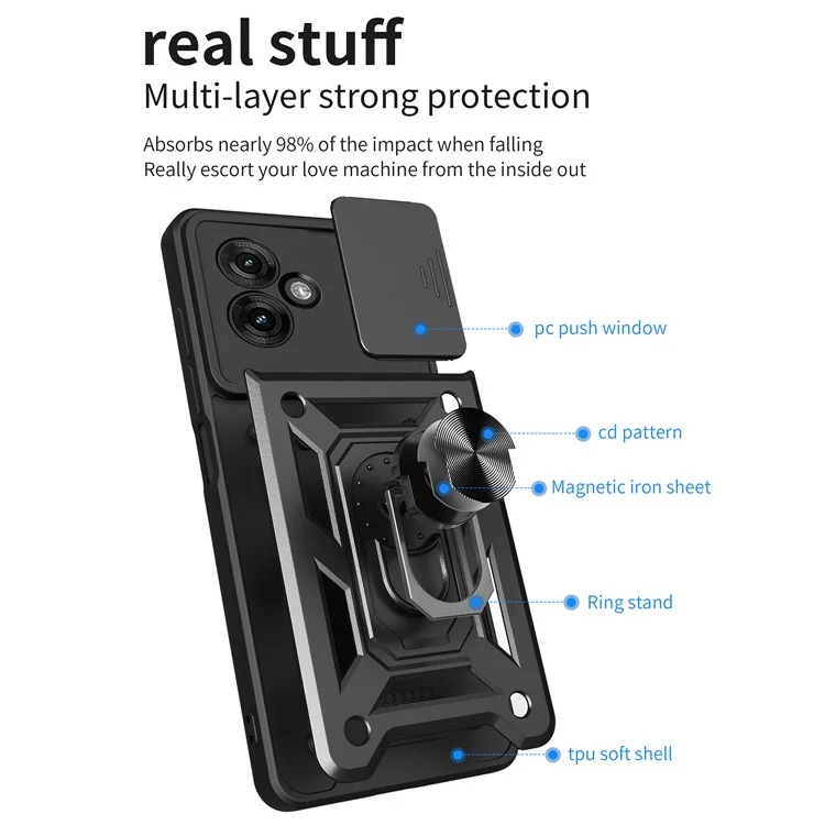 Para Motorola Moto G55 5G Case com Slide Camera Lid PC+TPU Kickstand Phone Cover - Preto