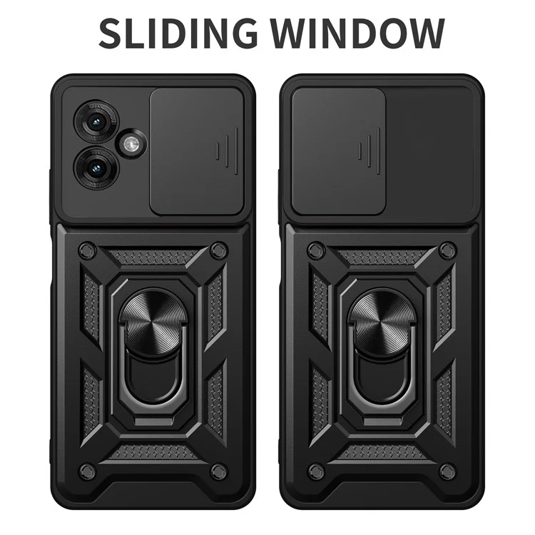 Para Motorola Moto G55 5G Case com Slide Camera Lid PC+TPU Kickstand Phone Cover - Preto