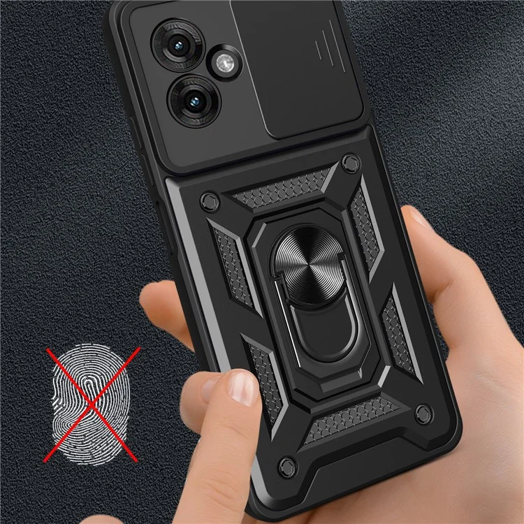 Para Motorola Moto G55 5G Case com Slide Camera Lid PC+TPU Kickstand Phone Cover - Preto