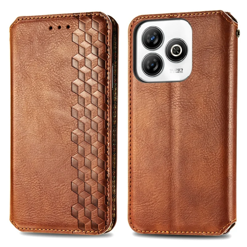 For ZTE Blade A75 4G PU Leather Case Rhombus Imprint Wallet Stand Phone Cover - Brown
